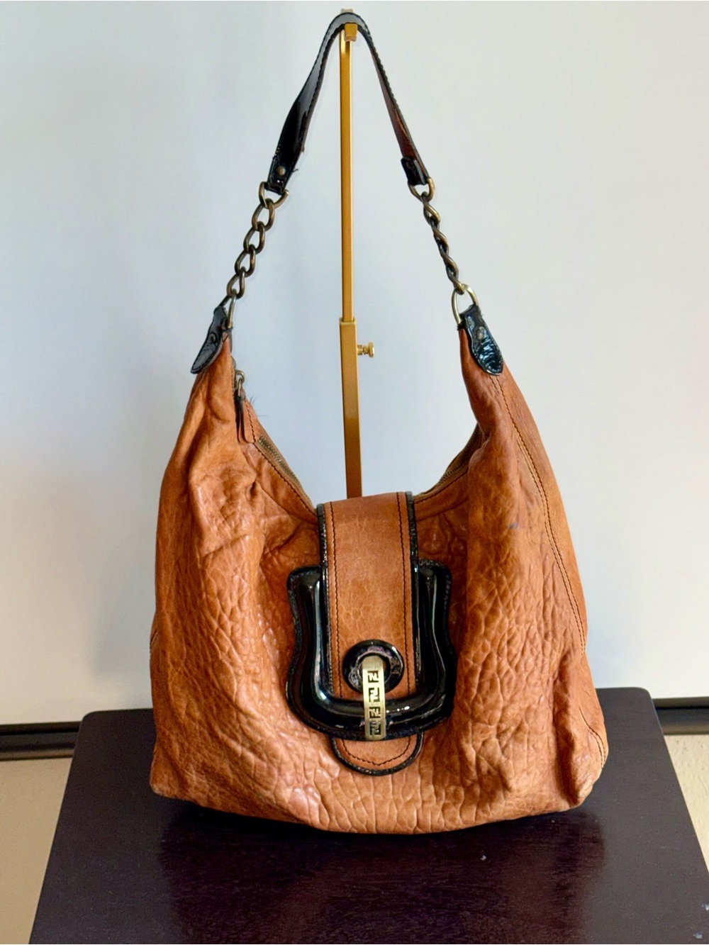Fendi Black and Brown Pebbled Leather Hobo Bag Vintage Authentic